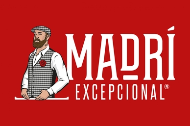 Madri beer logo. Barman icon red background